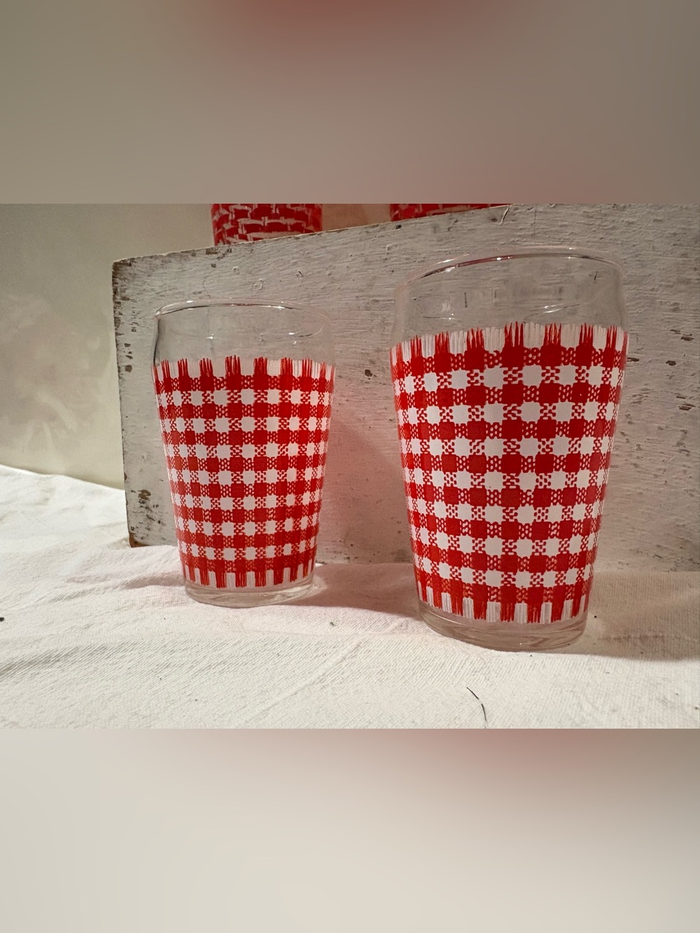 Vtg Libby Red Country Gingham Tumblers - Set of 2 Red/White Checkered Glass 5"